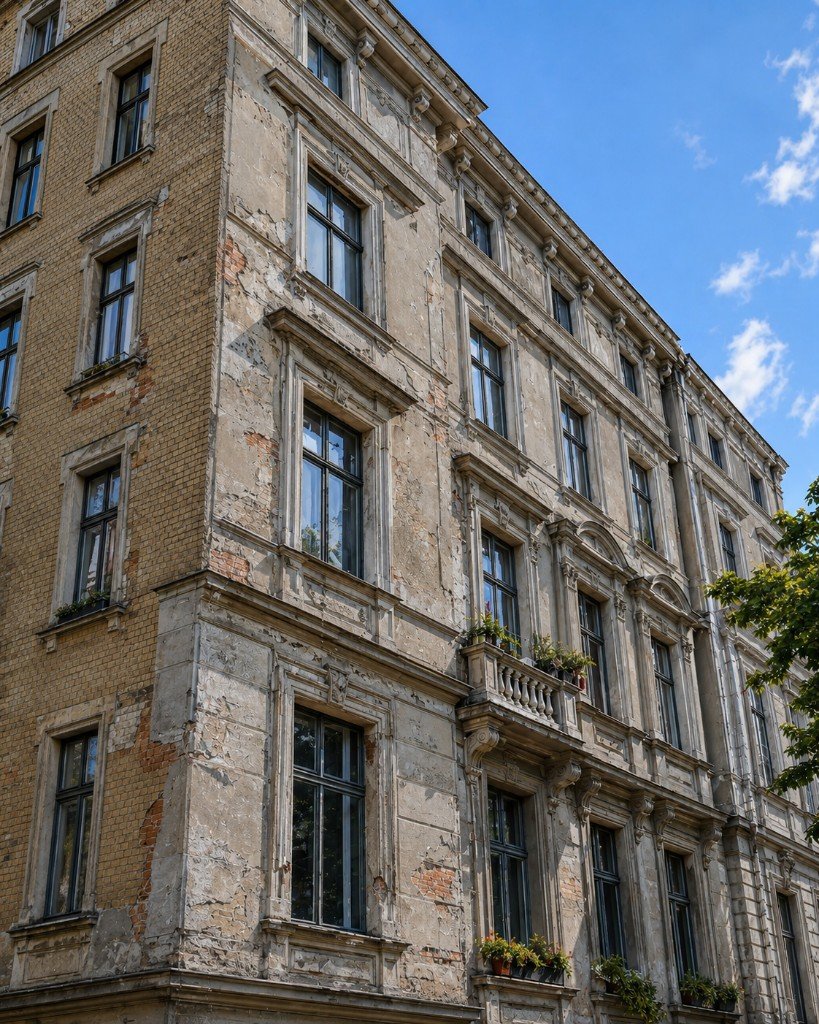 Fassadenanstrich in Berlin-Pankow – Fassade vor dem Anstrich mit abblätternder Farbe